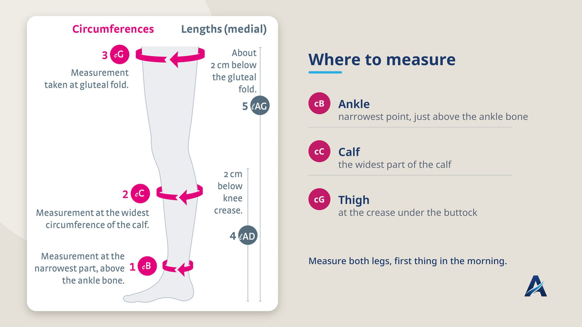 Leg measurement diagram showing the ankle cB, calf cC and thigh cG measuring points