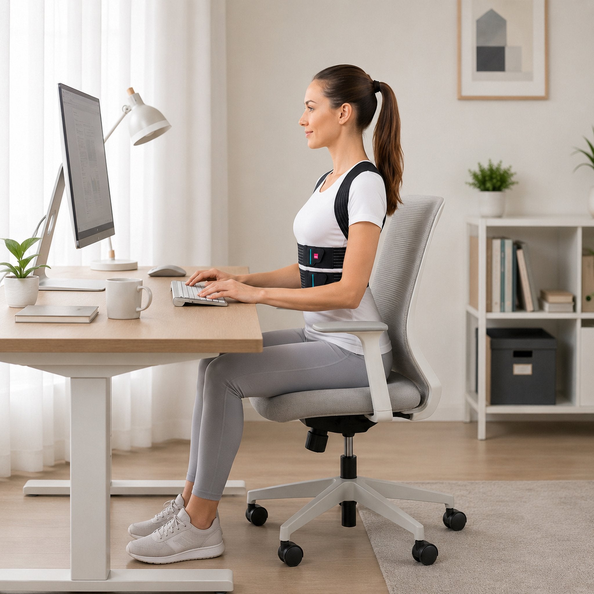 Woman wearing the medi protect.CSB posture brace while working at a desk