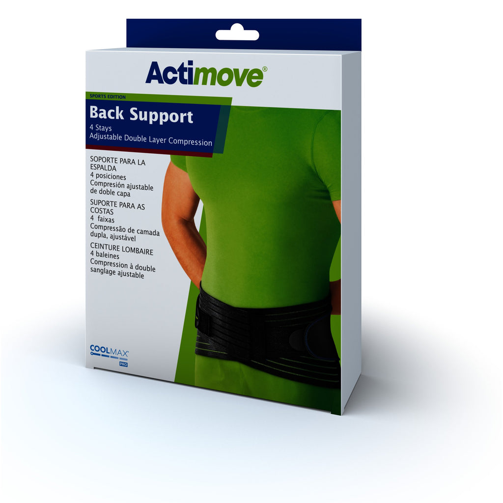 Actimove Sports Edition Back Support, 4 Stays - Adjustable Double Layer Compression – Package