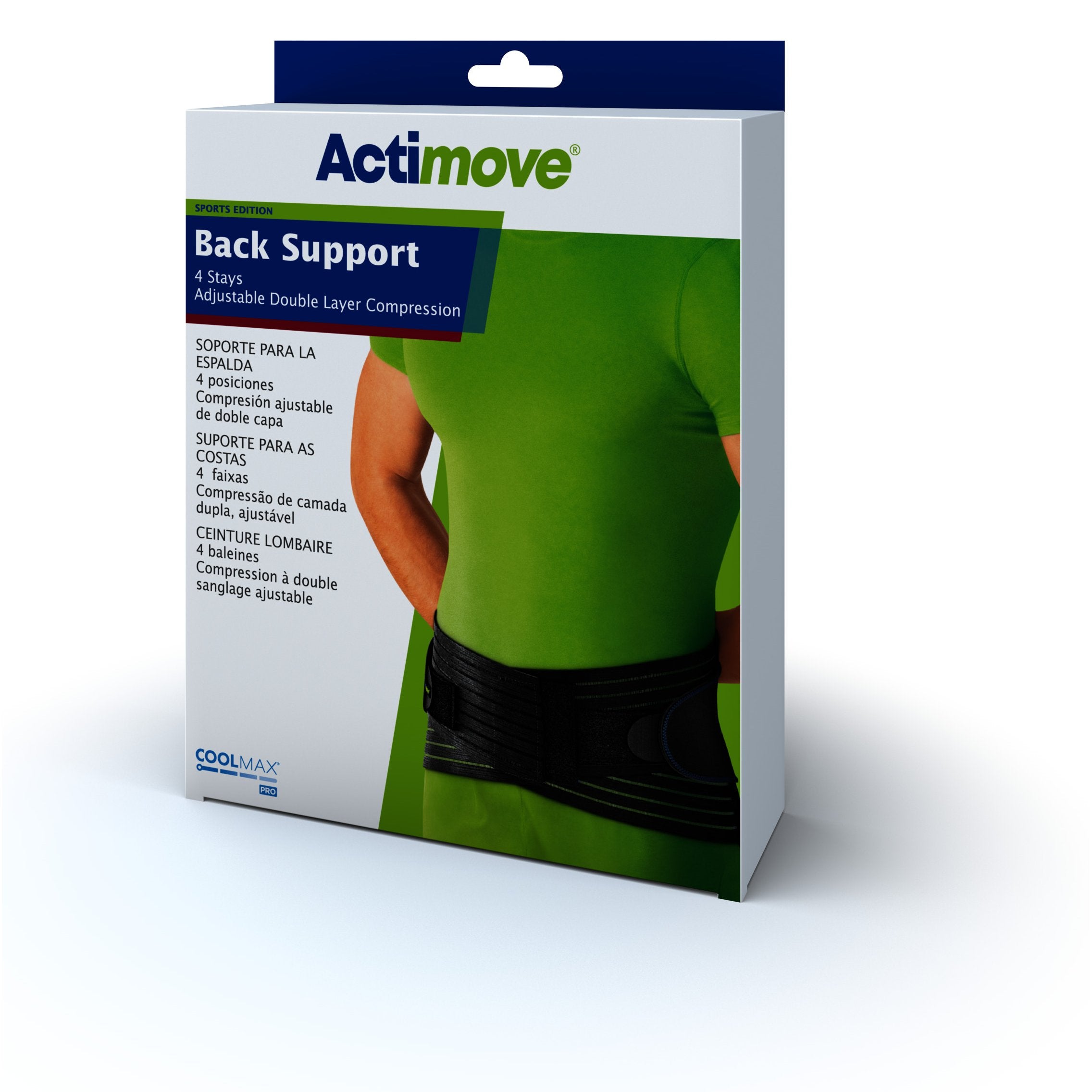 Actimove Sports Edition Back Support, 4 Stays - Adjustable Double Layer Compression – Package