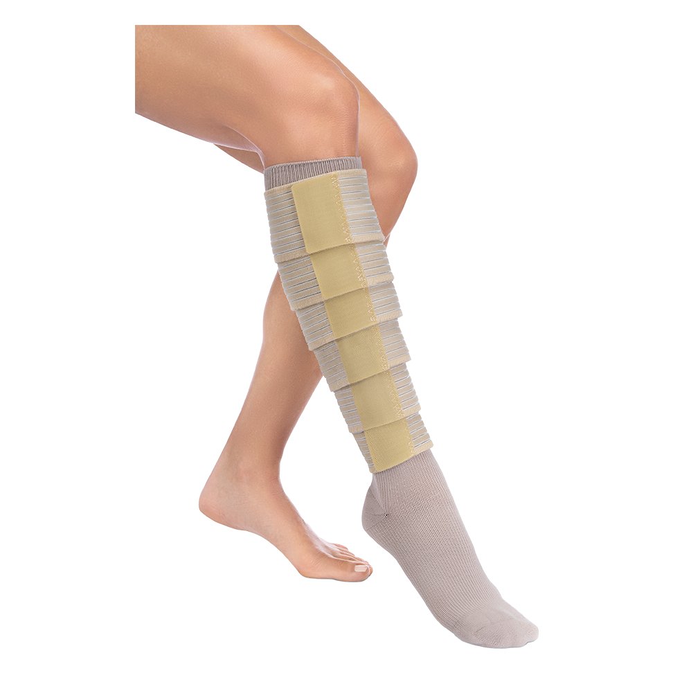 JOBST FarrowWrap Classic Legpiece worn below the knee, showing the ribbed short-stretch fabric and its hook-and-loop bands
