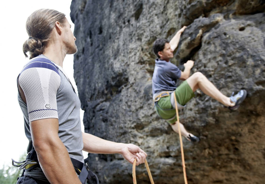 Bauerfeind OmoTrain S Shoulder Brace worn while climbing