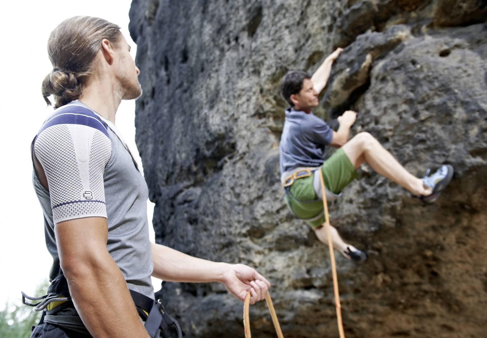 Bauerfeind OmoTrain S Shoulder Brace worn while climbing