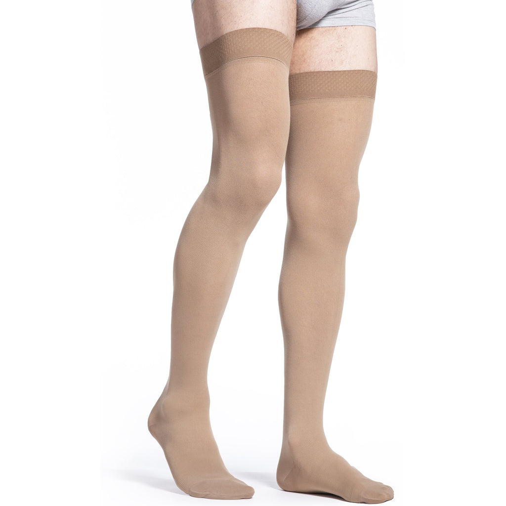 Sigvaris Cotton Men's Thigh High with Grip-Top 20-30 mmHg Compression Stockings – Light Beige