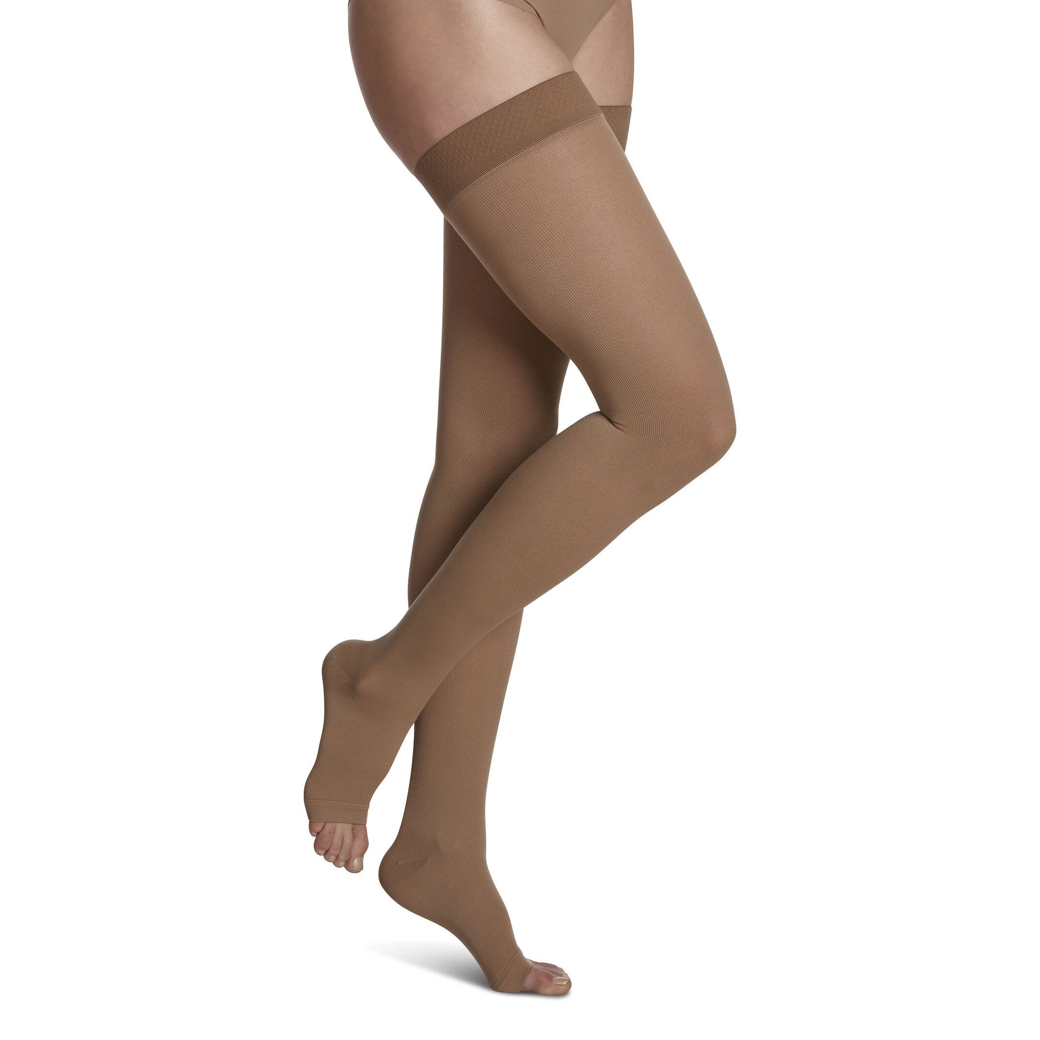 Sigvaris Cotton Thigh High with Grip-Top 30-40 mmHg Compression Stockings Open Toe – Light Beige