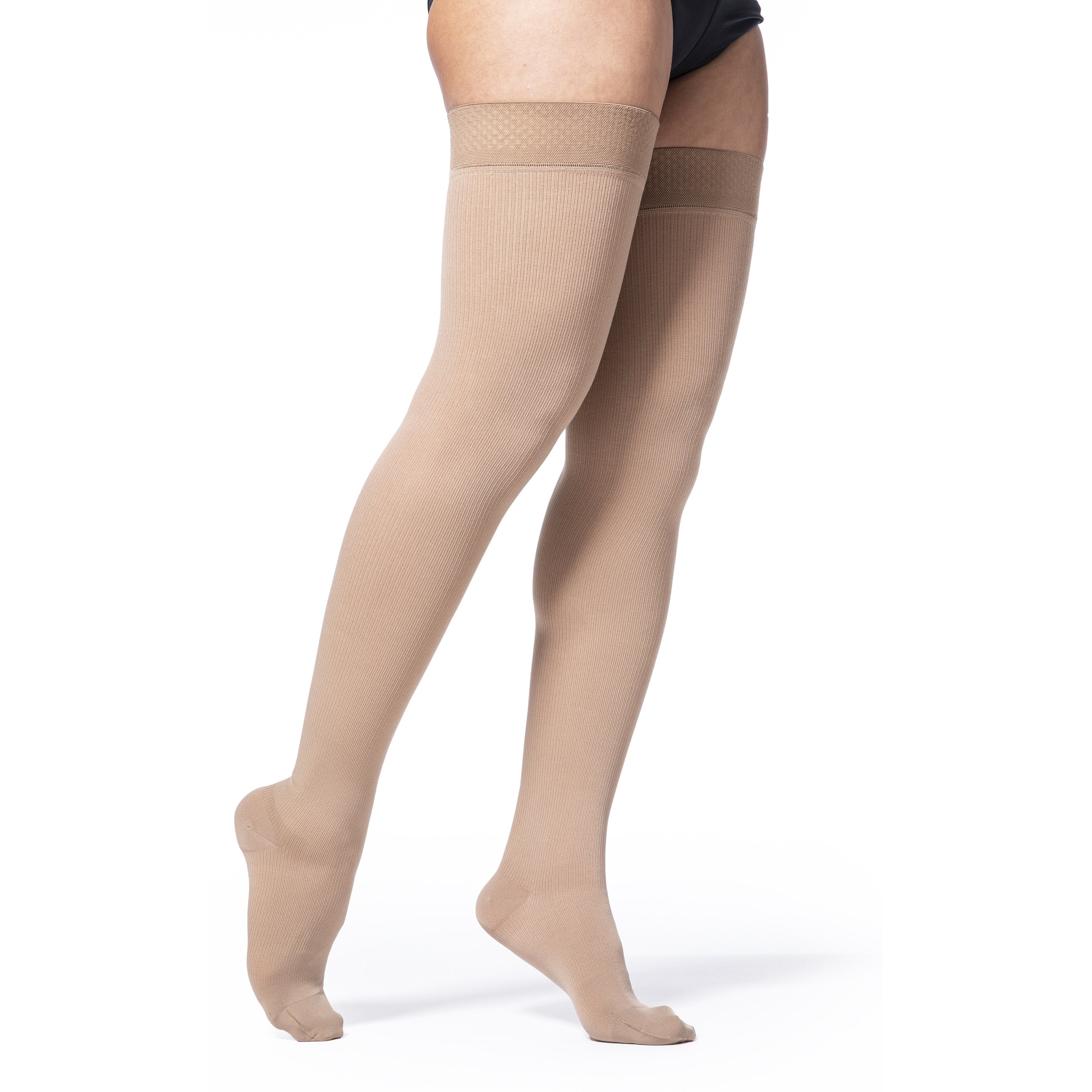 Sigvaris Cotton Women's Thigh High with Grip-Top 30-40 mmHg Compression Stockings – Light Beige