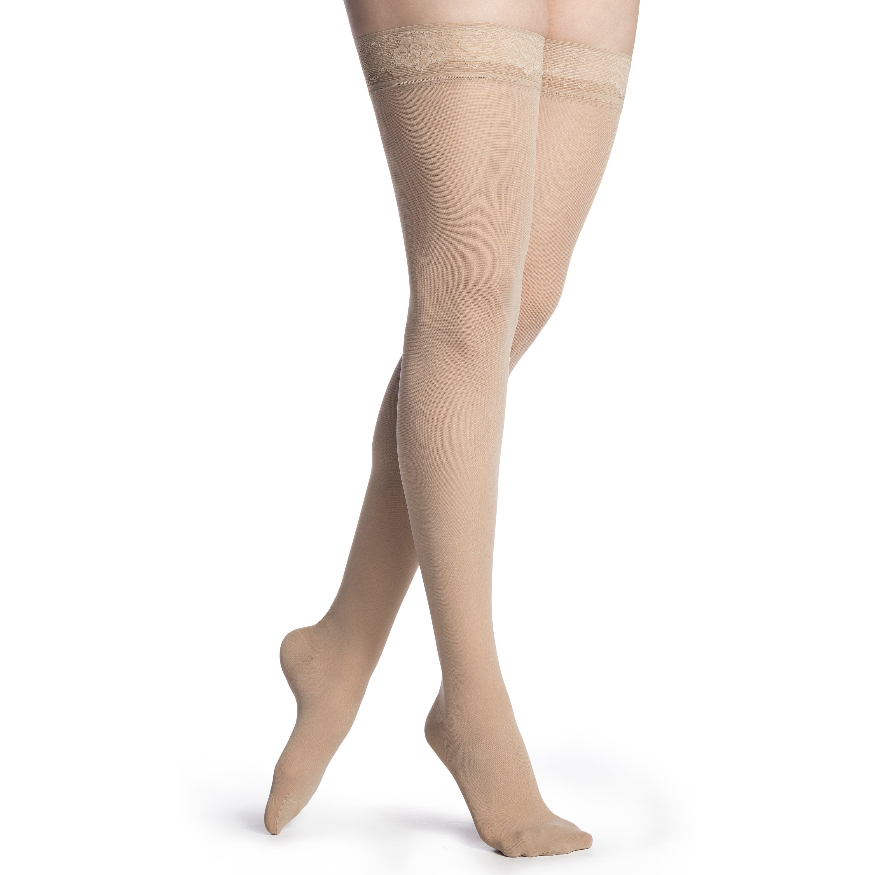 Sigvaris Medium Sheer Women's Thigh High with Grip-Top 20-30 mmHg Compression Stockings – Honey