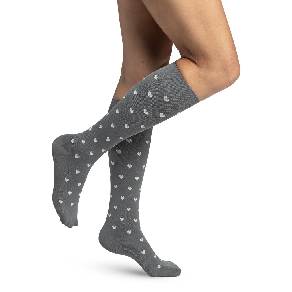 Sigvaris Microfiber Patterns Women's Knee High 20-30 mmHg Compression Socks – Grey Hearts