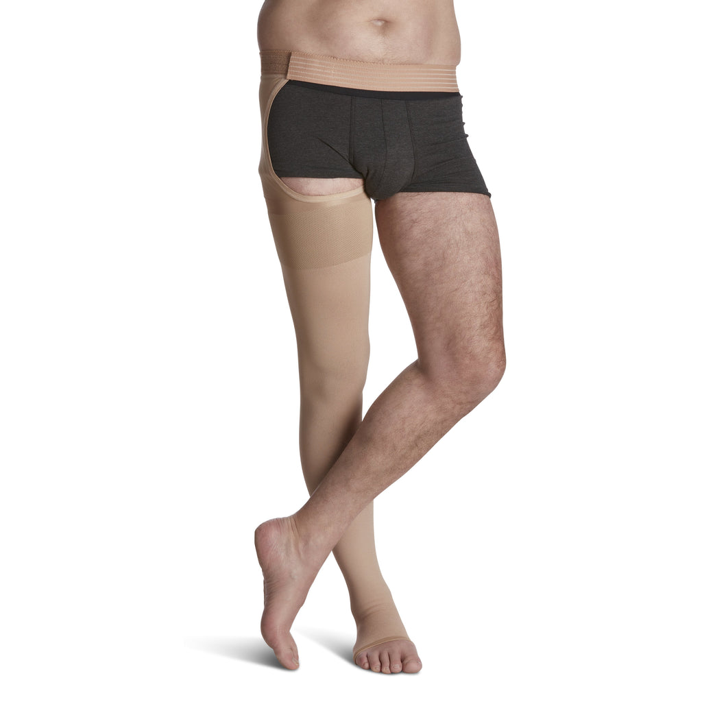 Sigvaris Natural Rubber Thigh High with Waist Attachment 30-40 mmHg Compression Stockings Open Toe – Beige