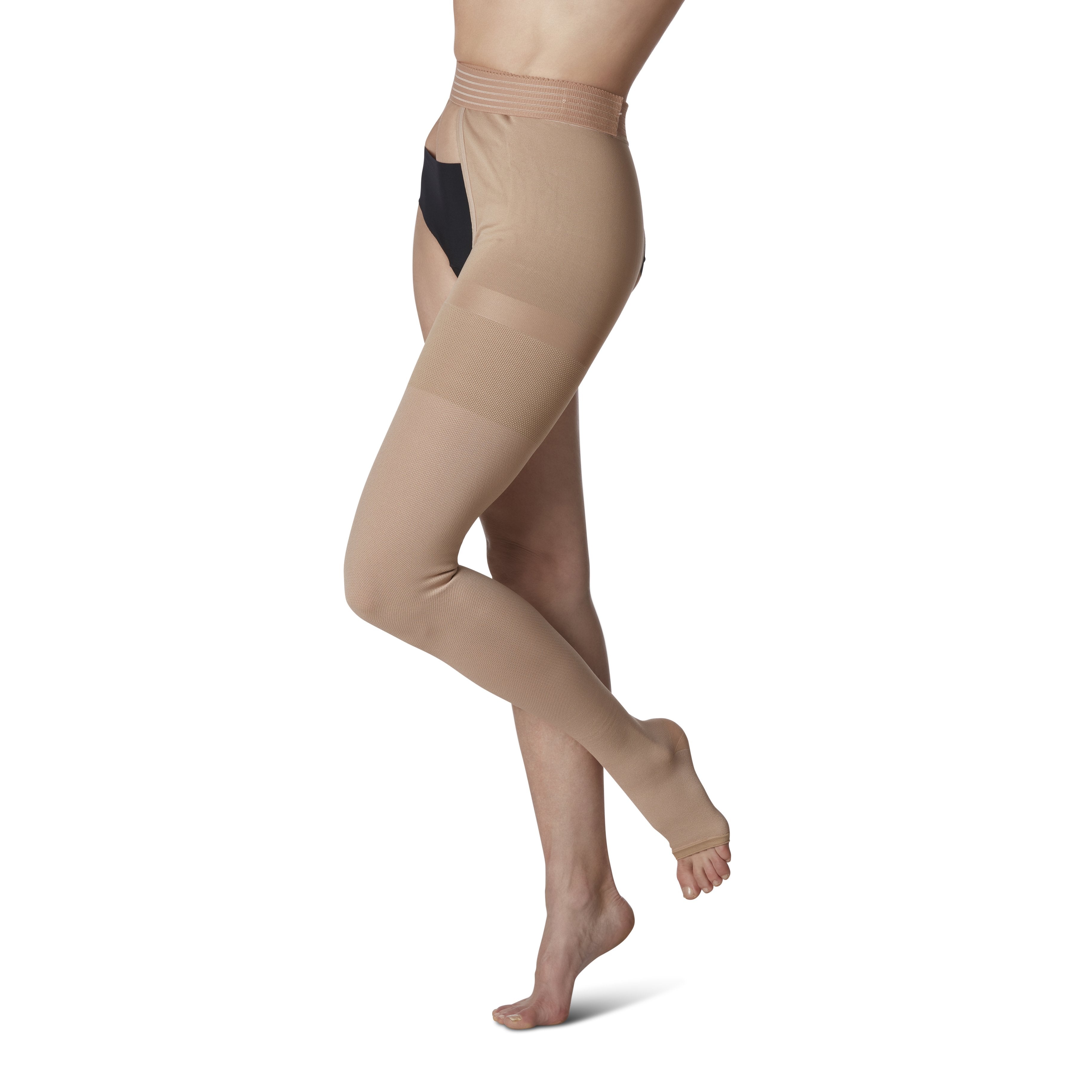 Sigvaris Natural Rubber Thigh High with Waist Attachment 40-50 mmHg Compression Stockings Open Toe – Beige