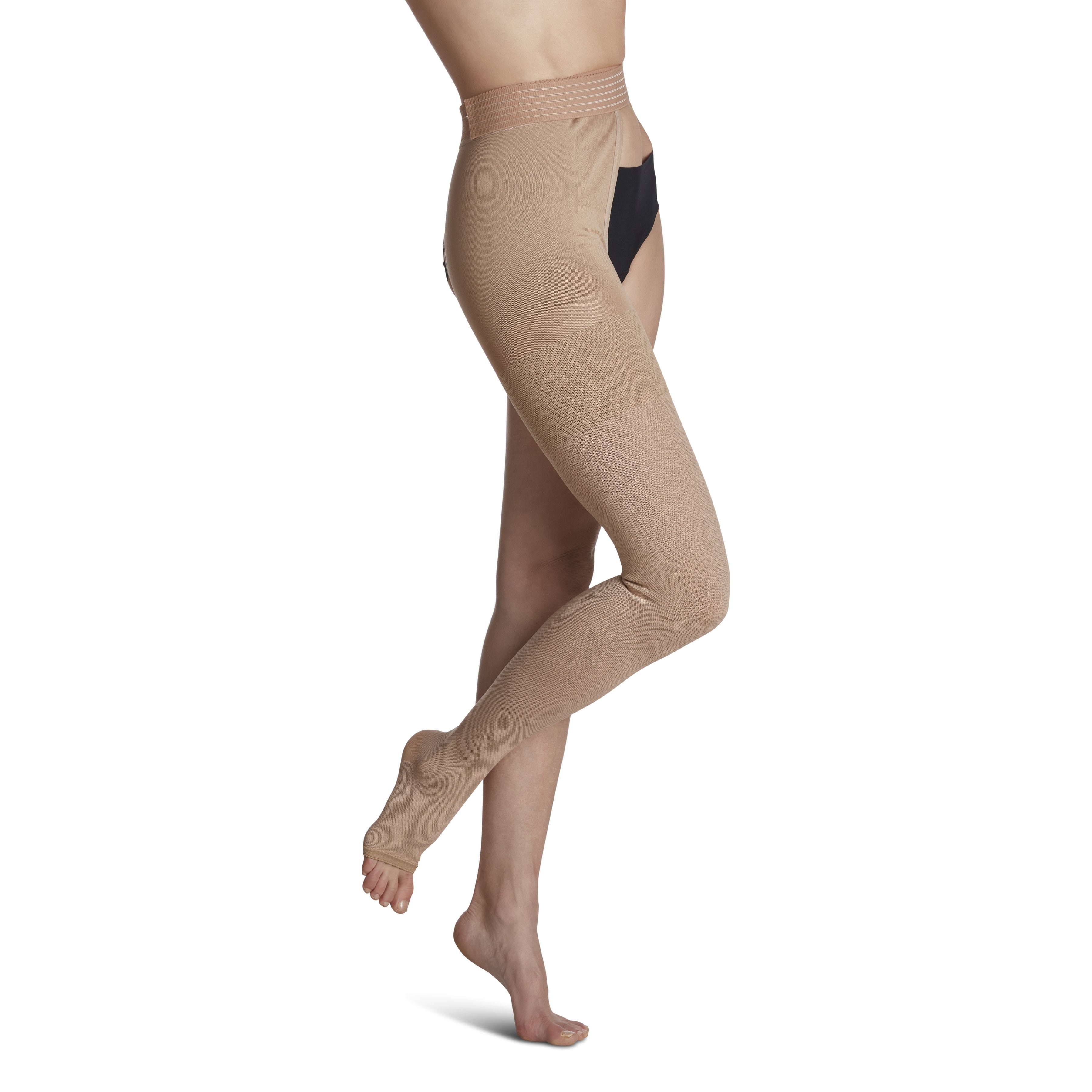 Sigvaris Natural Rubber Thigh High with Waist Attachment 30-40 mmHg Compression Stockings Open Toe – Beige