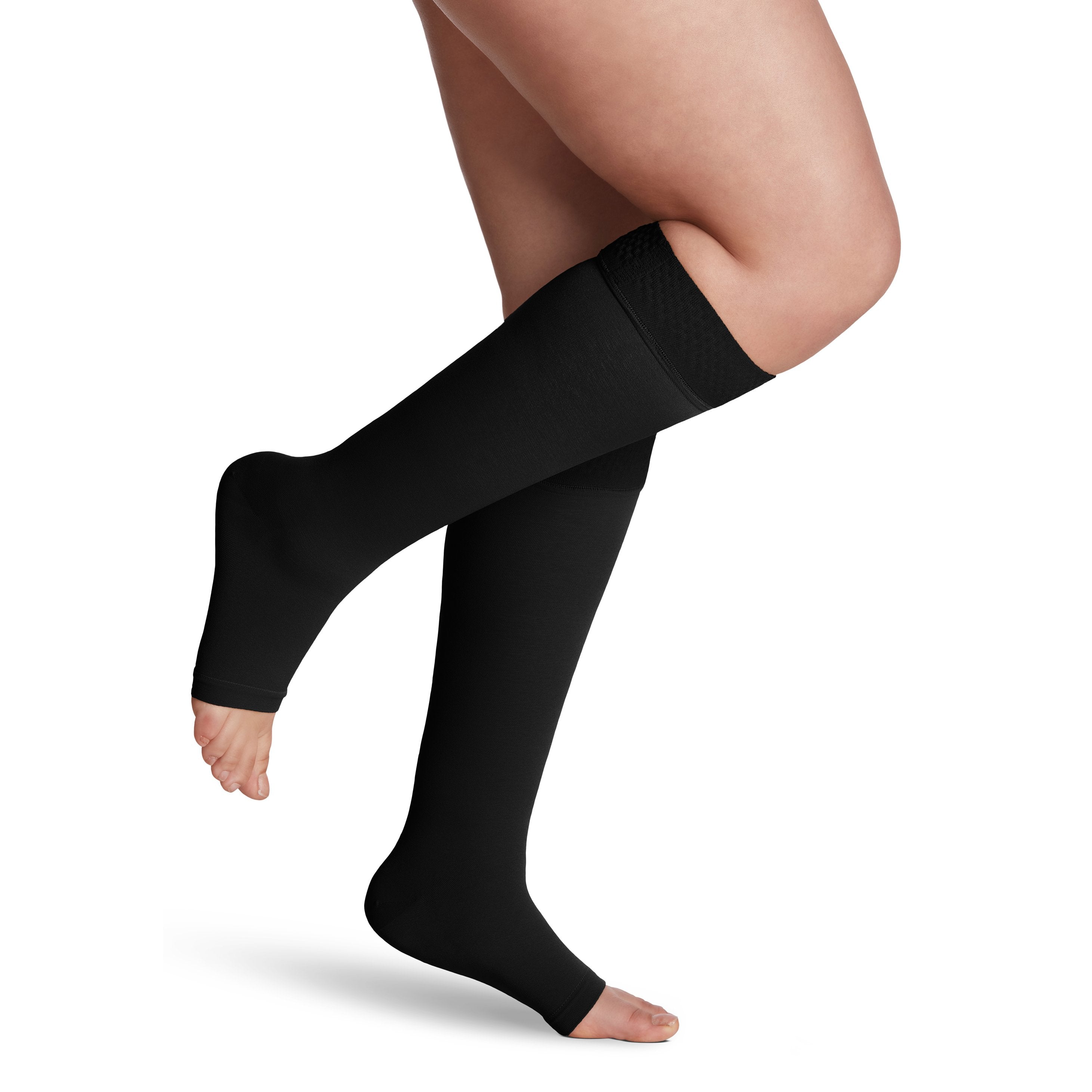 Sigvaris Opaque Knee High Plus with Grip-Top 20-30 mmHg Compression Socks Open Toe – Black