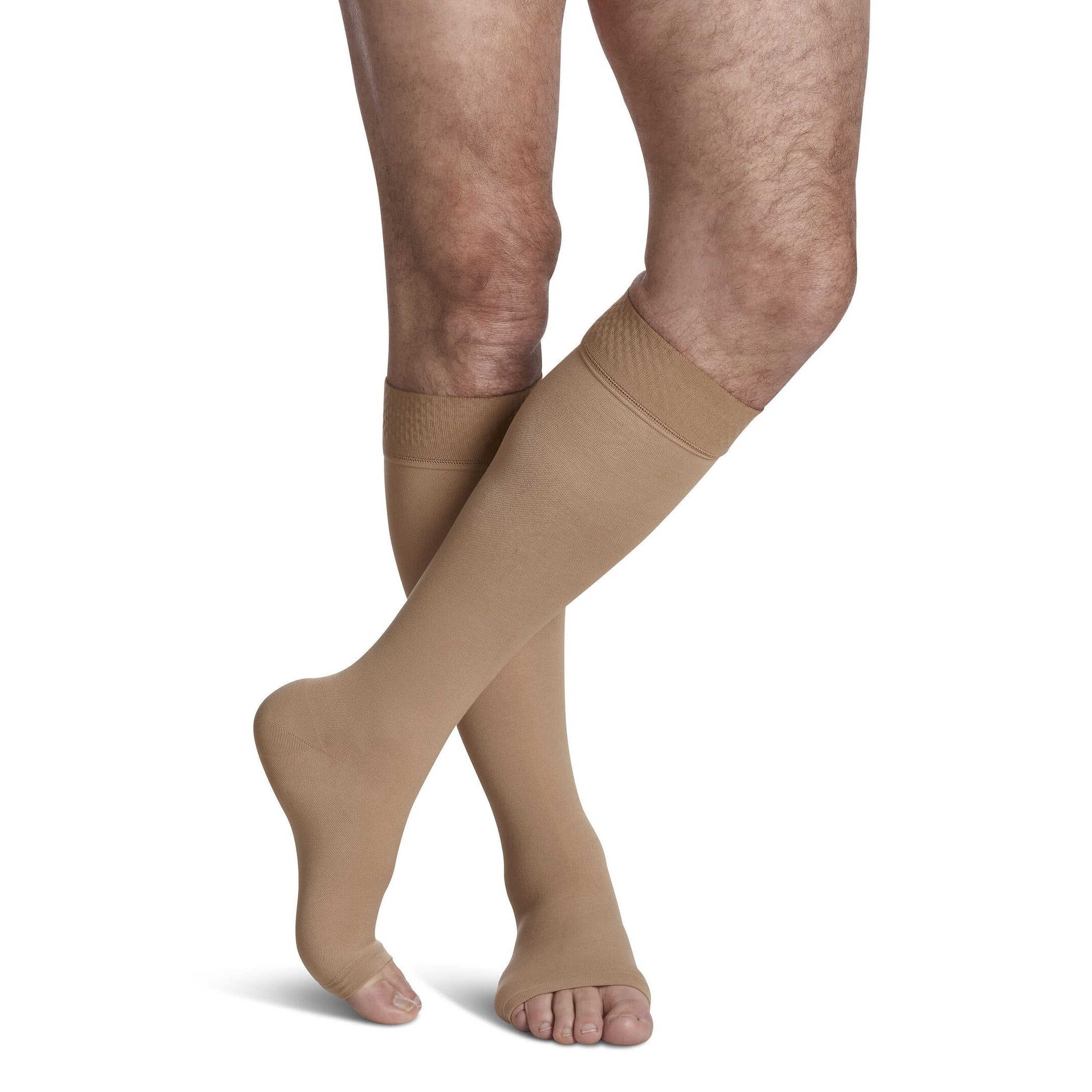 Sigvaris Opaque Knee High Plus with Grip-Top 30-40 mmHg Compression Socks Open Toe – Light Beige