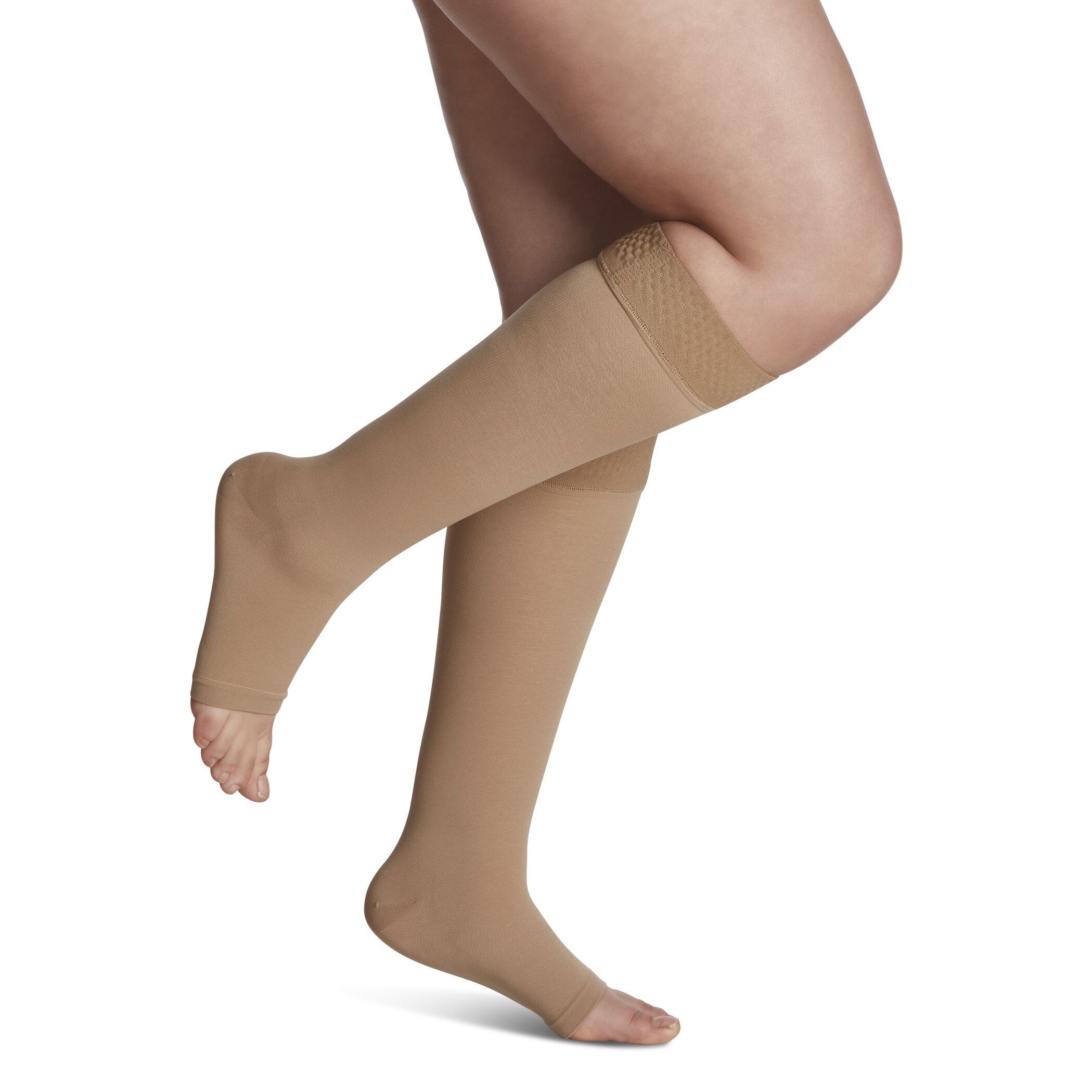 Sigvaris Opaque Knee High Plus with Grip-Top 30-40 mmHg Compression Socks Open Toe – Light Beige