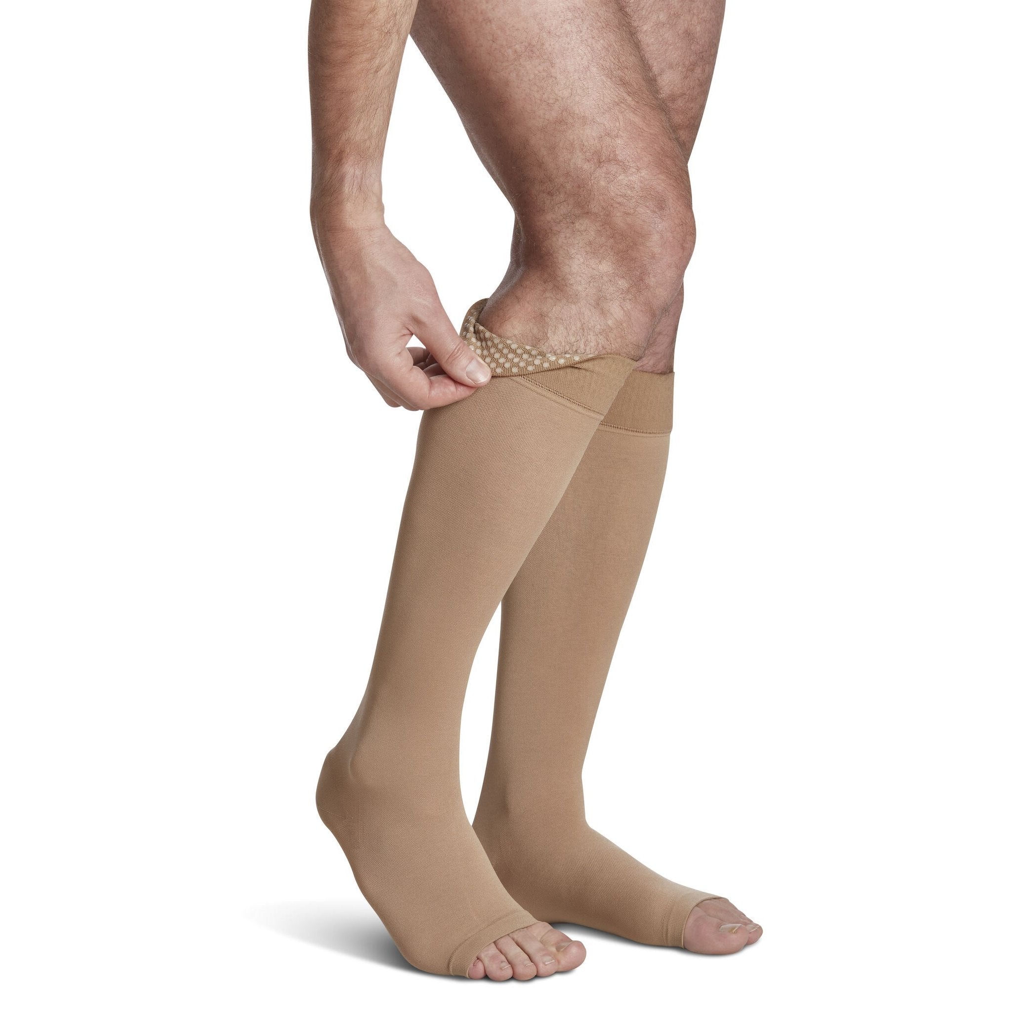 Sigvaris Opaque Knee High Plus with Grip-Top 20-30 mmHg Compression Socks Open Toe – Light Beige