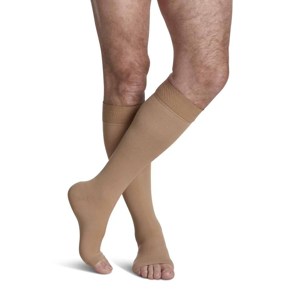 Sigvaris Opaque Knee High with Grip-Top 30-40 mmHg Compression Socks Open Toe – Light Beige