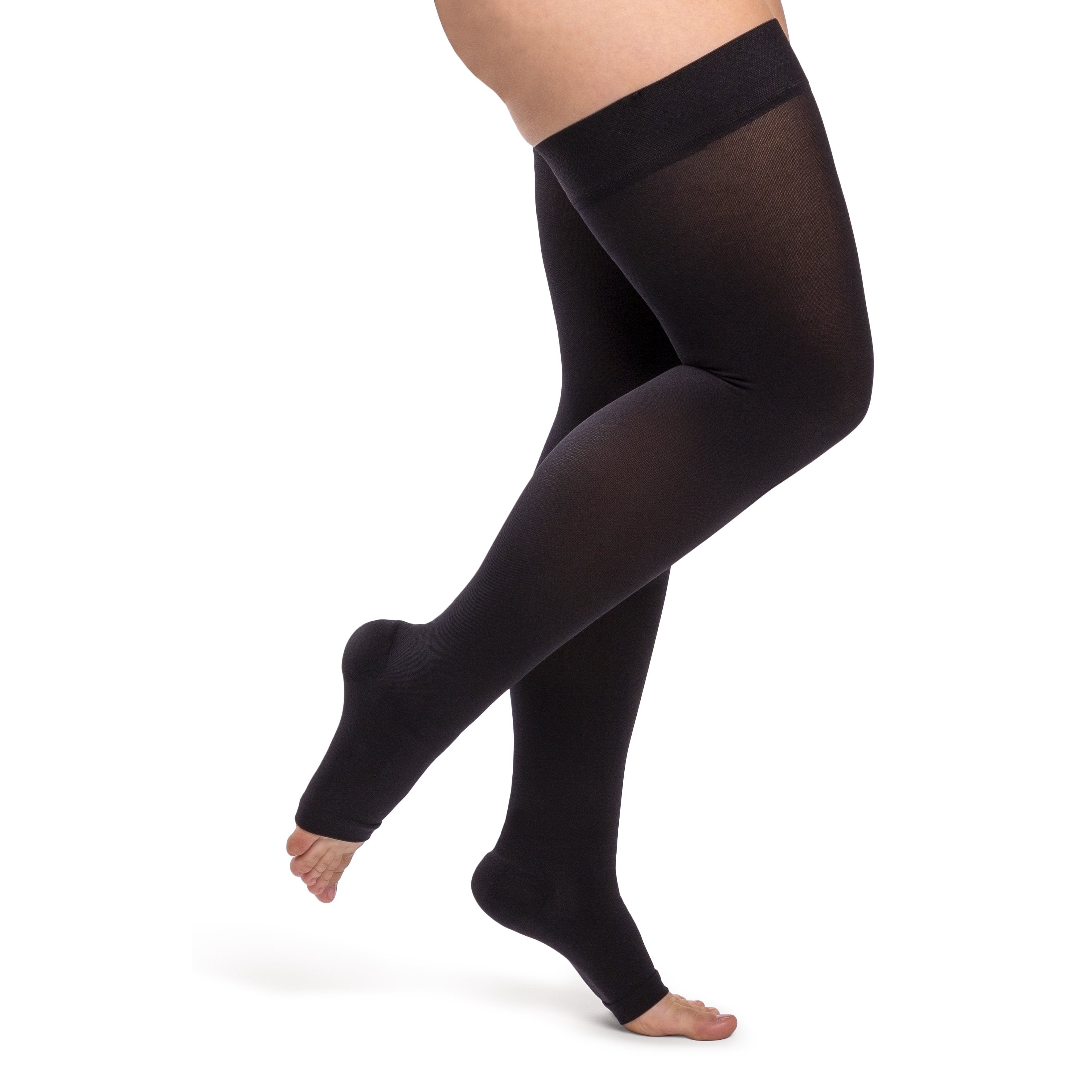 Sigvaris Opaque Thigh High with Grip-Top 20-30 mmHg Compression Stockings Open Toe – Black
