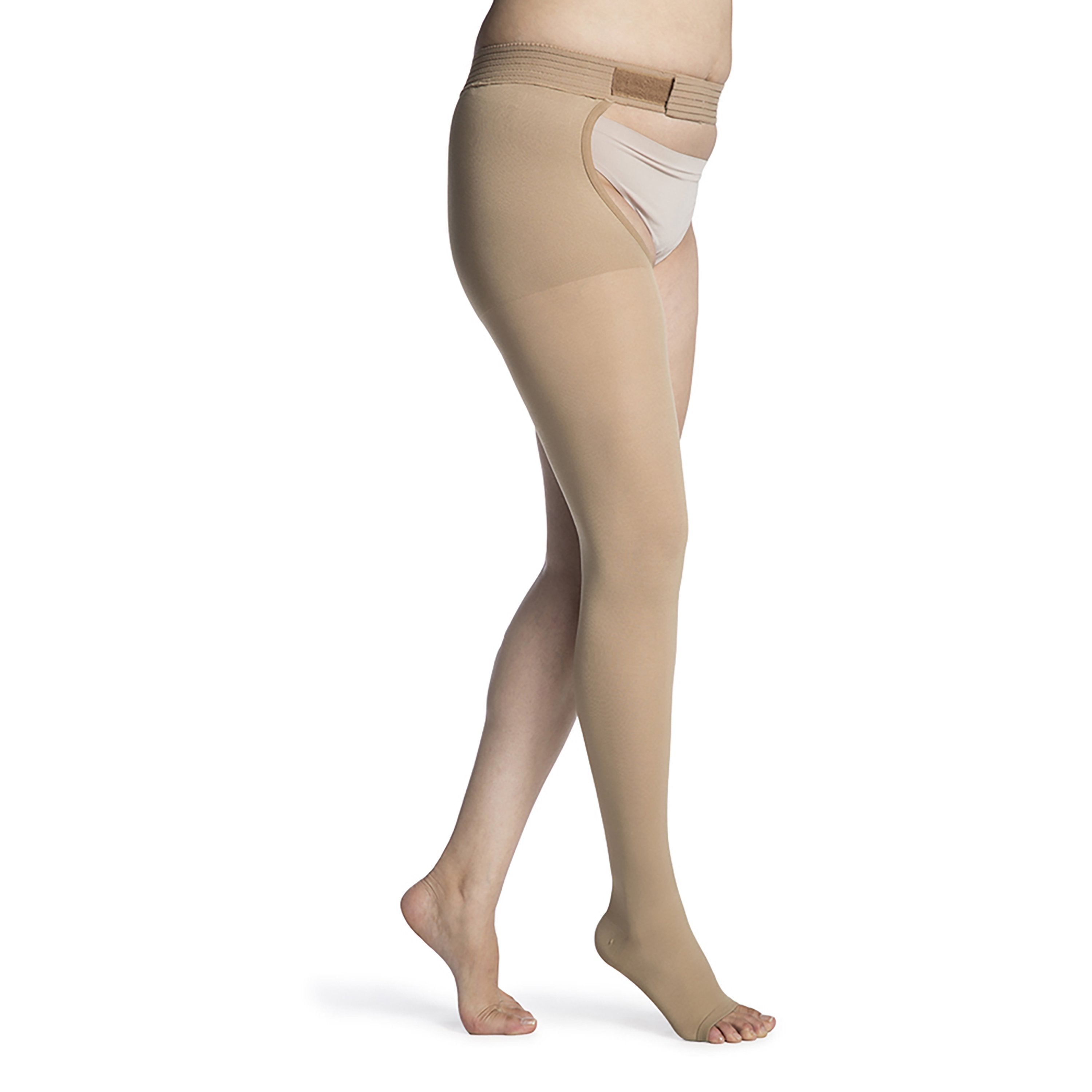 Sigvaris Opaque Thigh High with Waist Attachment 20-30 mmHg Compression Stockings Open Toe – Light Beige