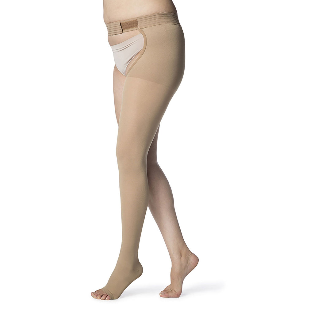 Sigvaris Opaque Thigh High with Waist Attachment 30-40 mmHg Compression Stockings Open Toe – Light Beige
