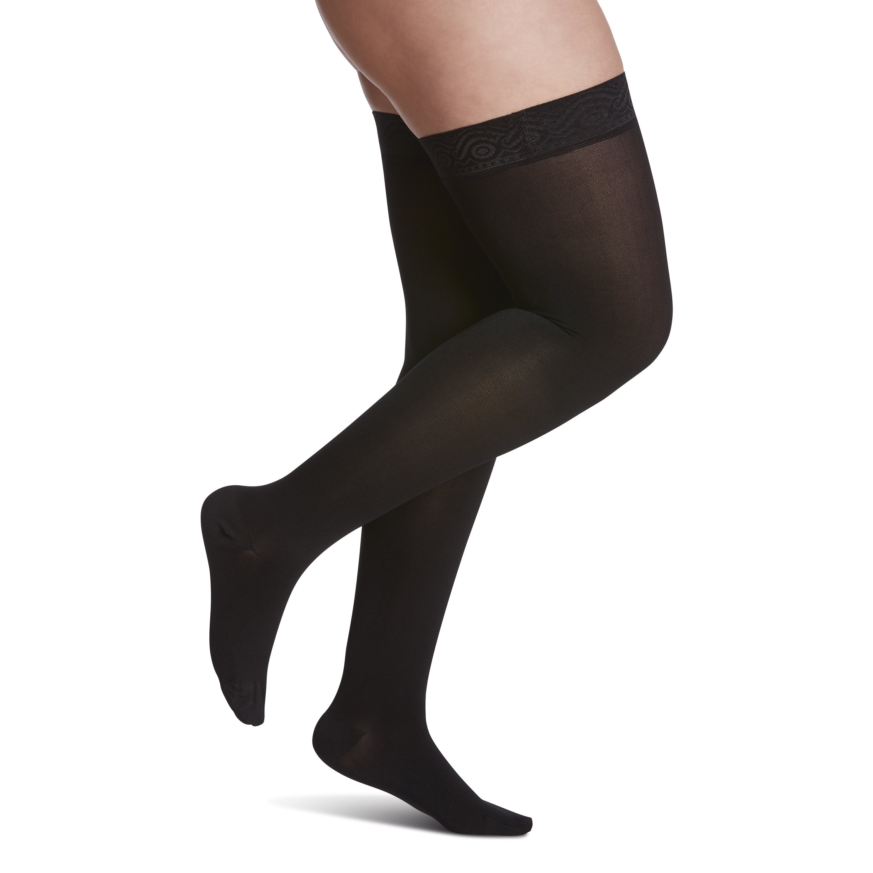 Sigvaris Opaque Women's Thigh High with Grip-Top 30-40 mmHg Compression Stockings – Black