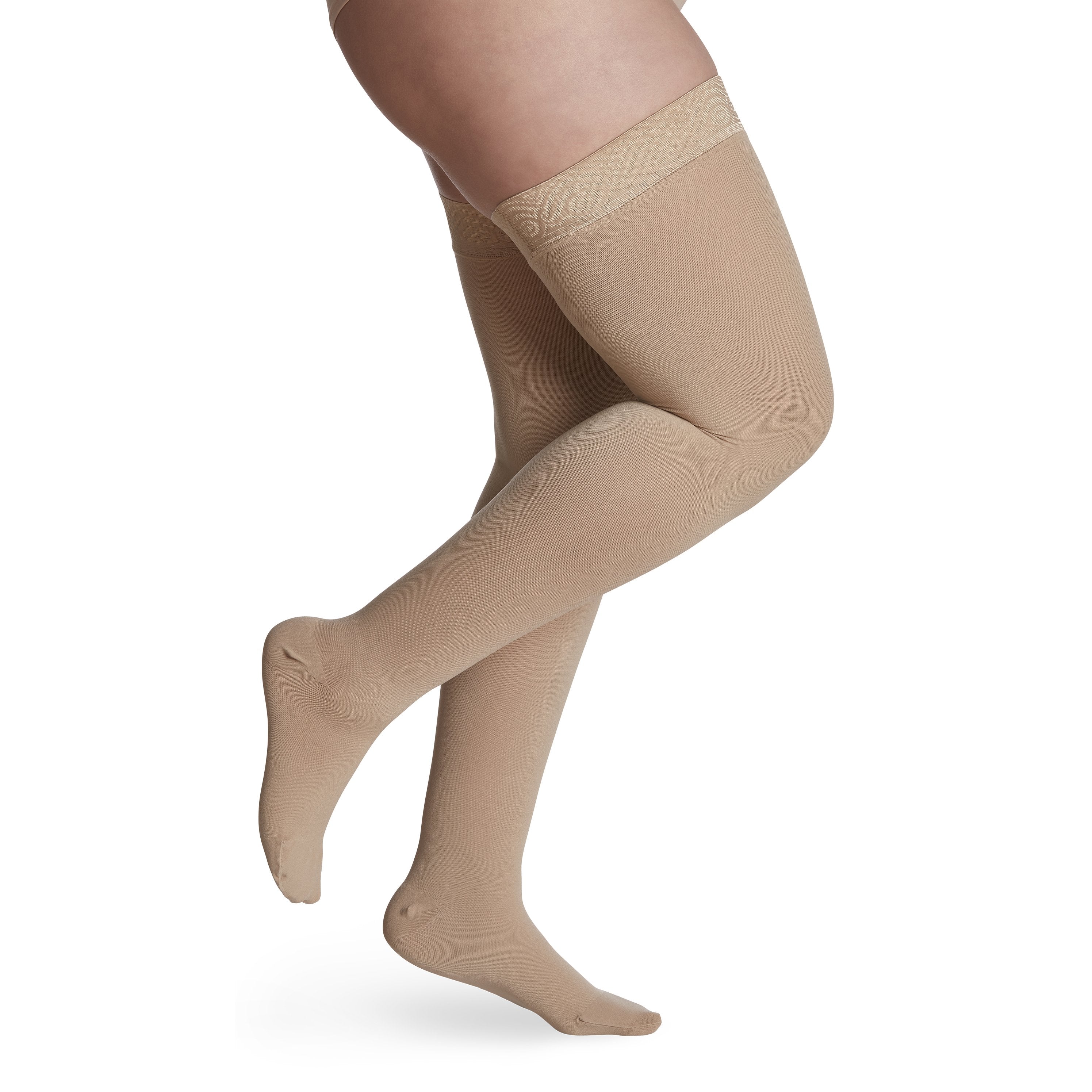 Sigvaris Opaque Women's Thigh High with Grip-Top 30-40 mmHg Compression Stockings – Honey