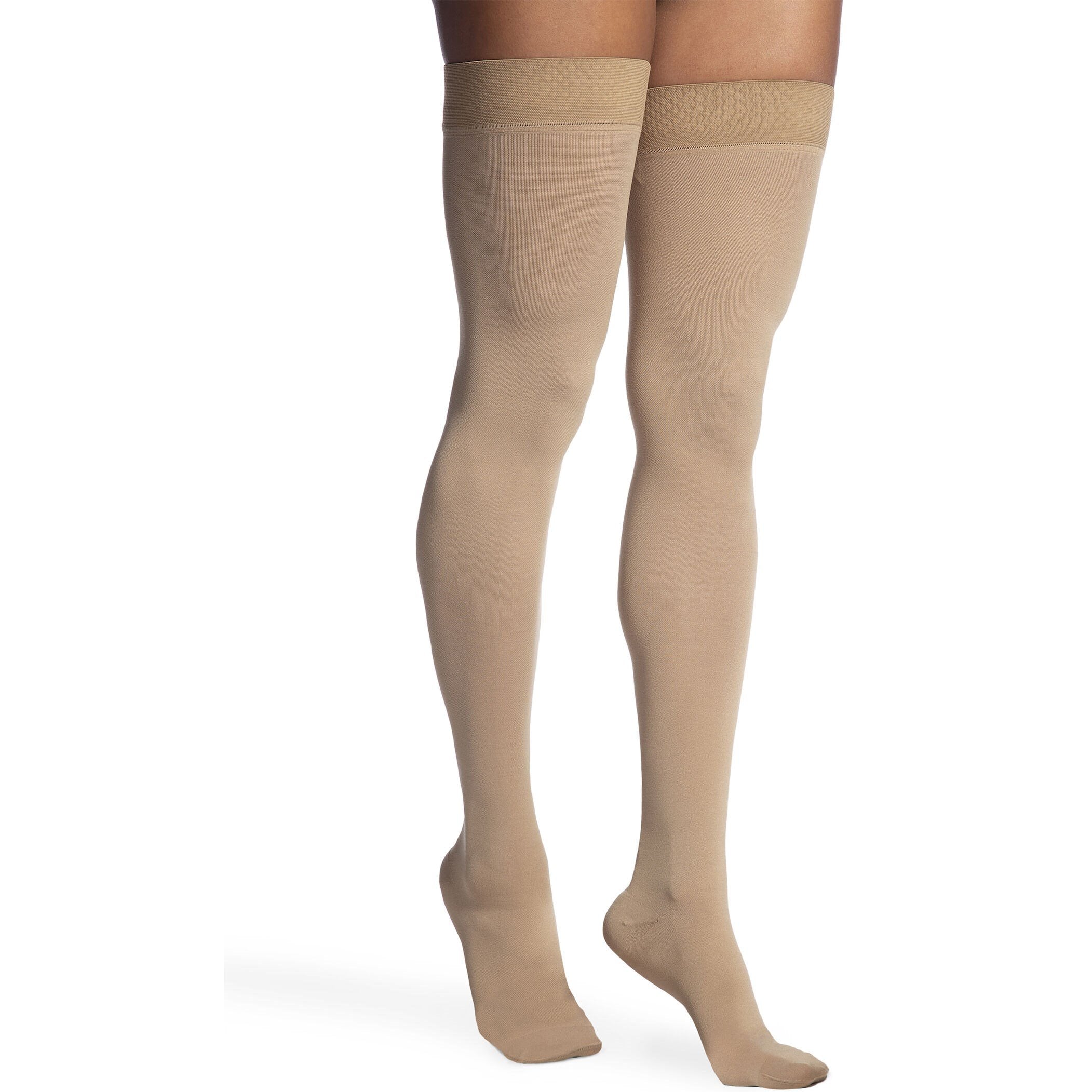 Sigvaris Opaque Women's Thigh High with Grip-Top 20-30 mmHg Compression Stockings – Light Beige