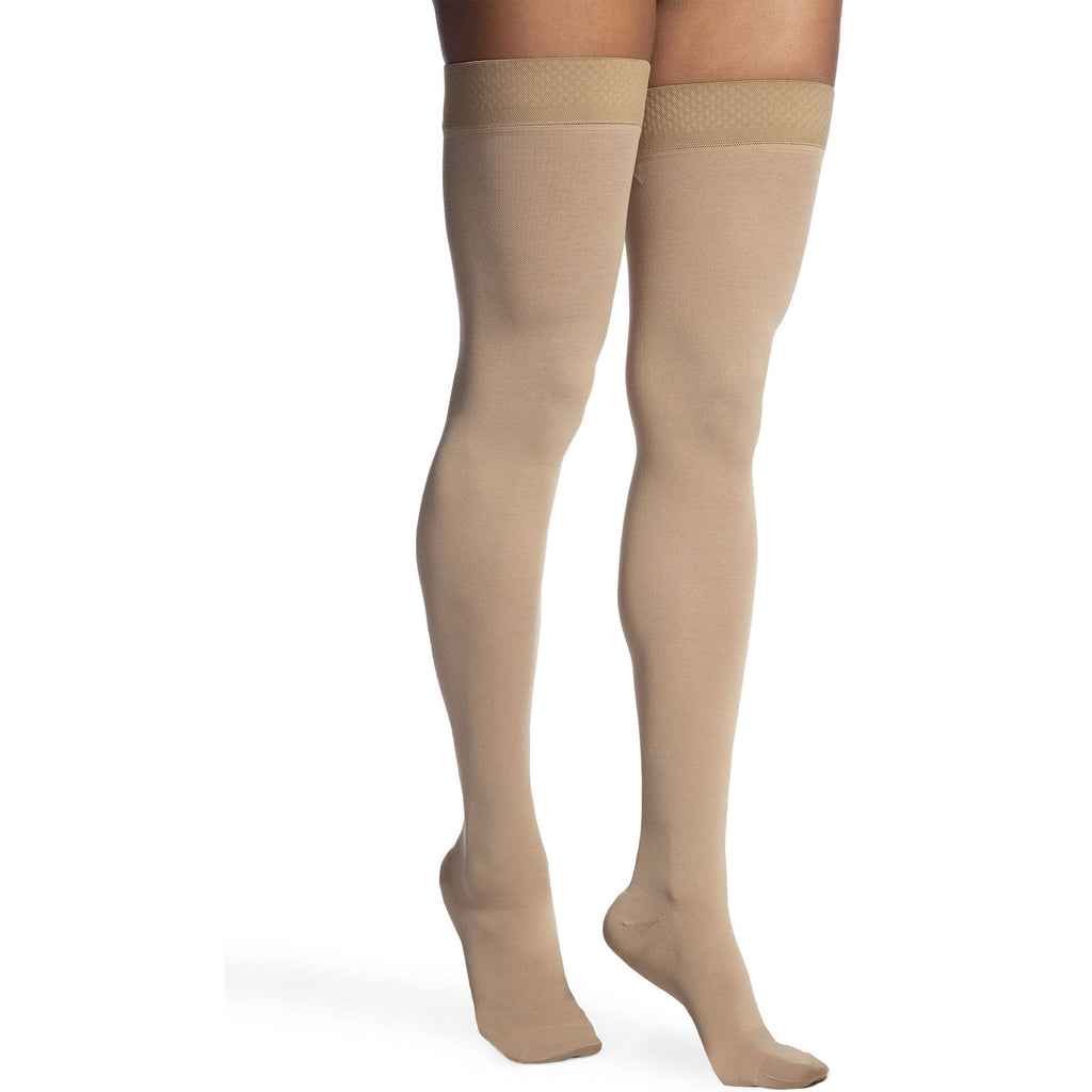 Sigvaris Opaque Women's Thigh High with Grip-Top 30-40 mmHg Compression Stockings – Light Beige