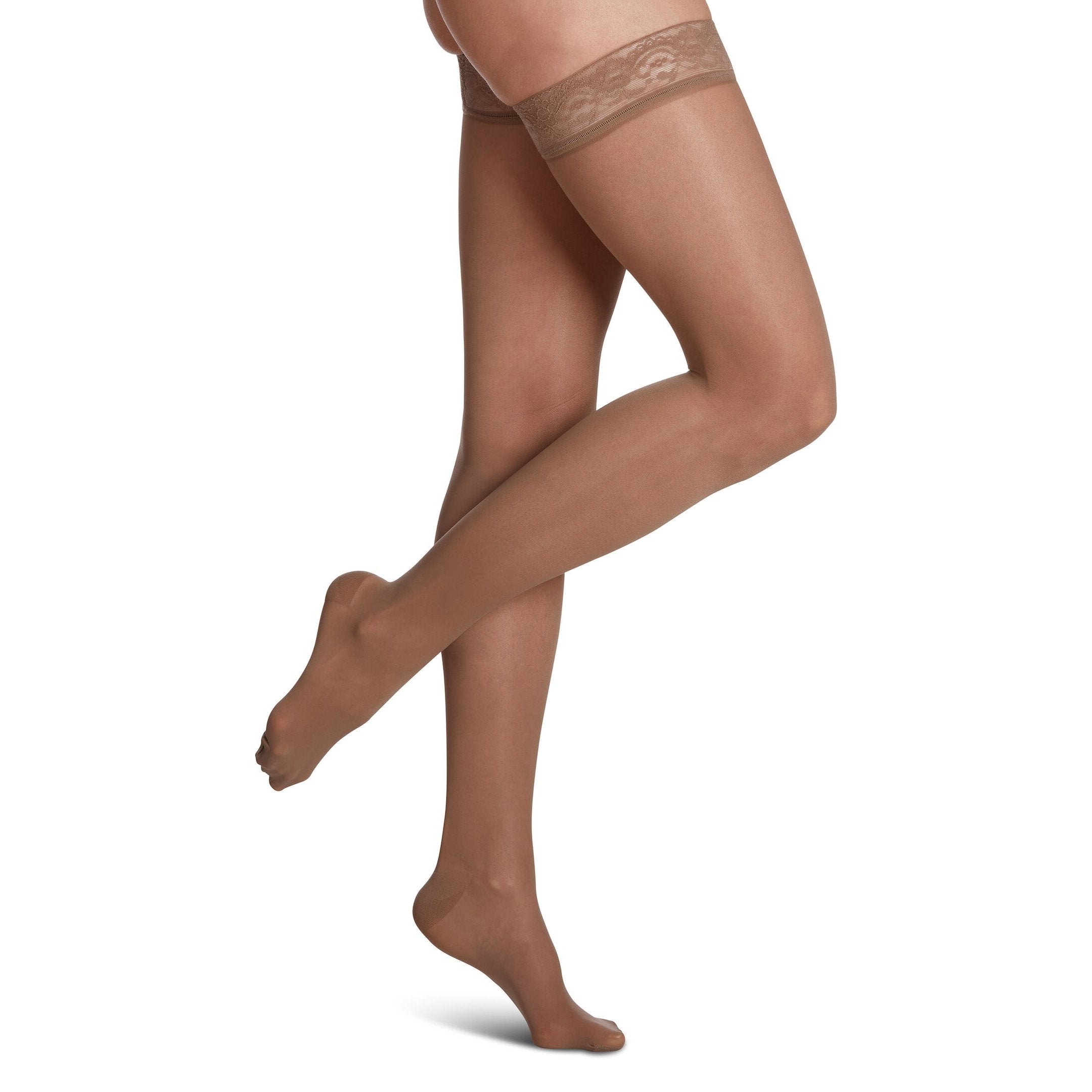 Sigvaris Sheer Fashion Women's Thigh High with Grip-Top 15-20 mmHg Compression Stockings – Taupe