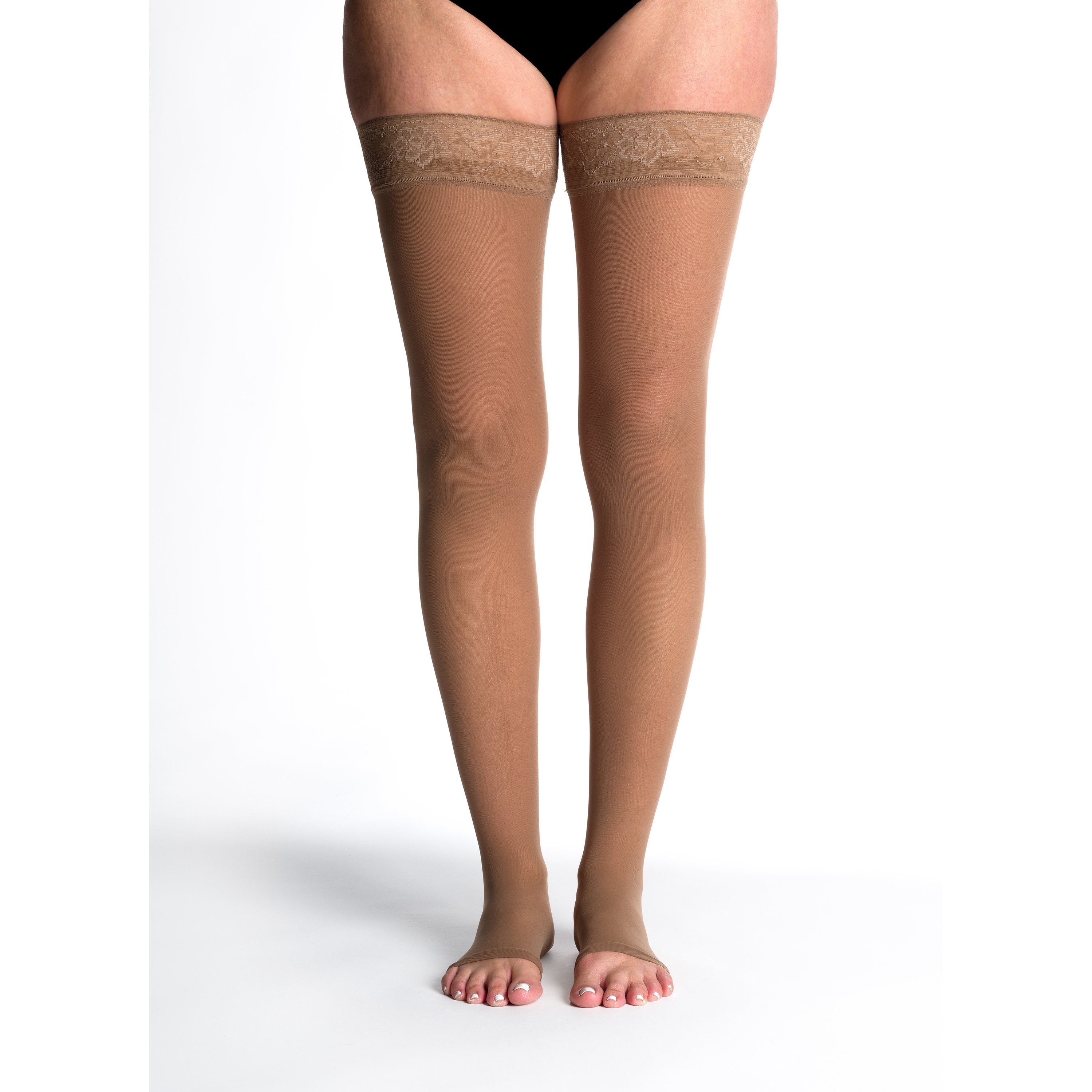 Sigvaris Sheer Thigh High with Grip-Top 20-30 mmHg Compression Stockings Open Toe – Caf
