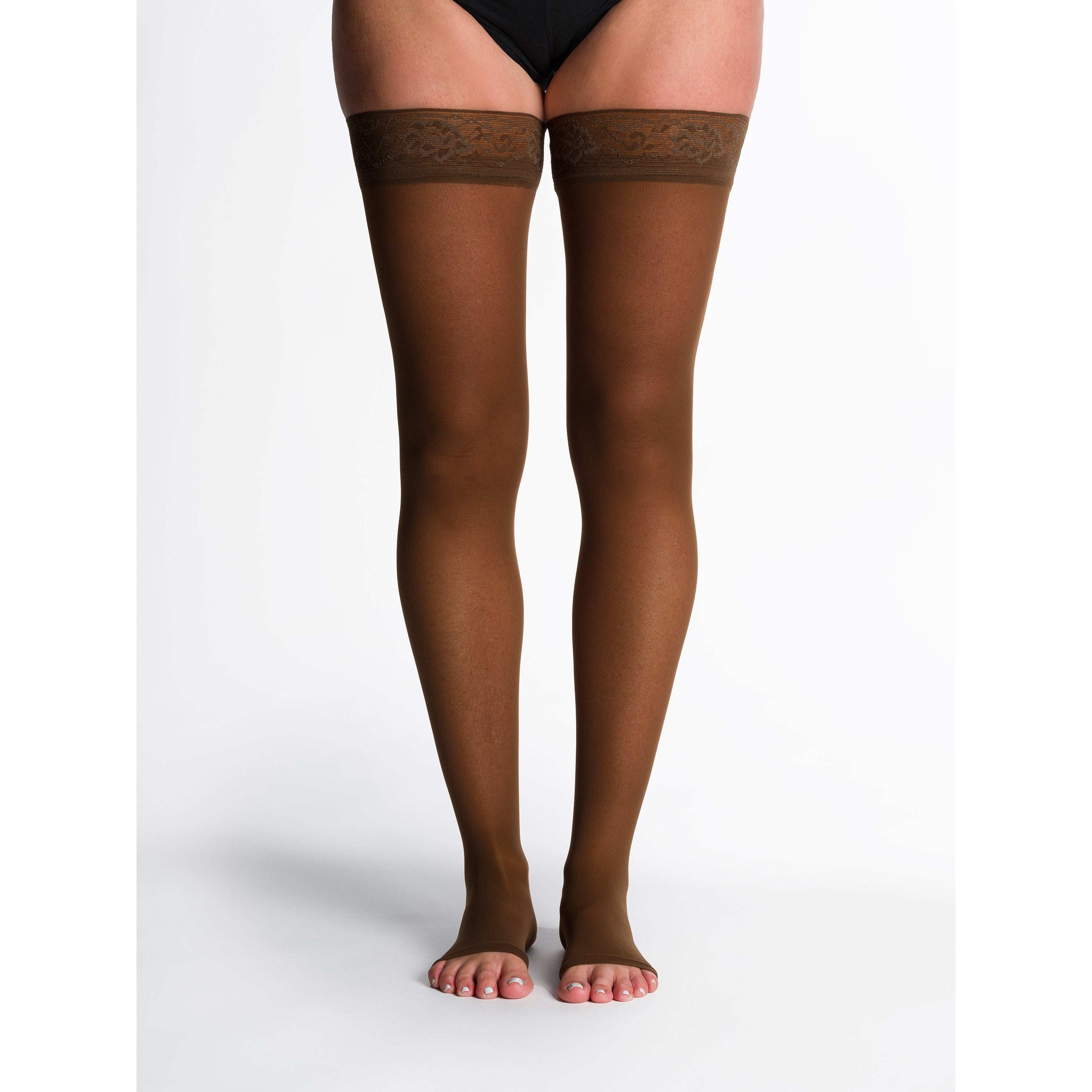Sigvaris Sheer Thigh High with Grip-Top 15-20 mmHg Compression Stockings Open Toe – Mocha