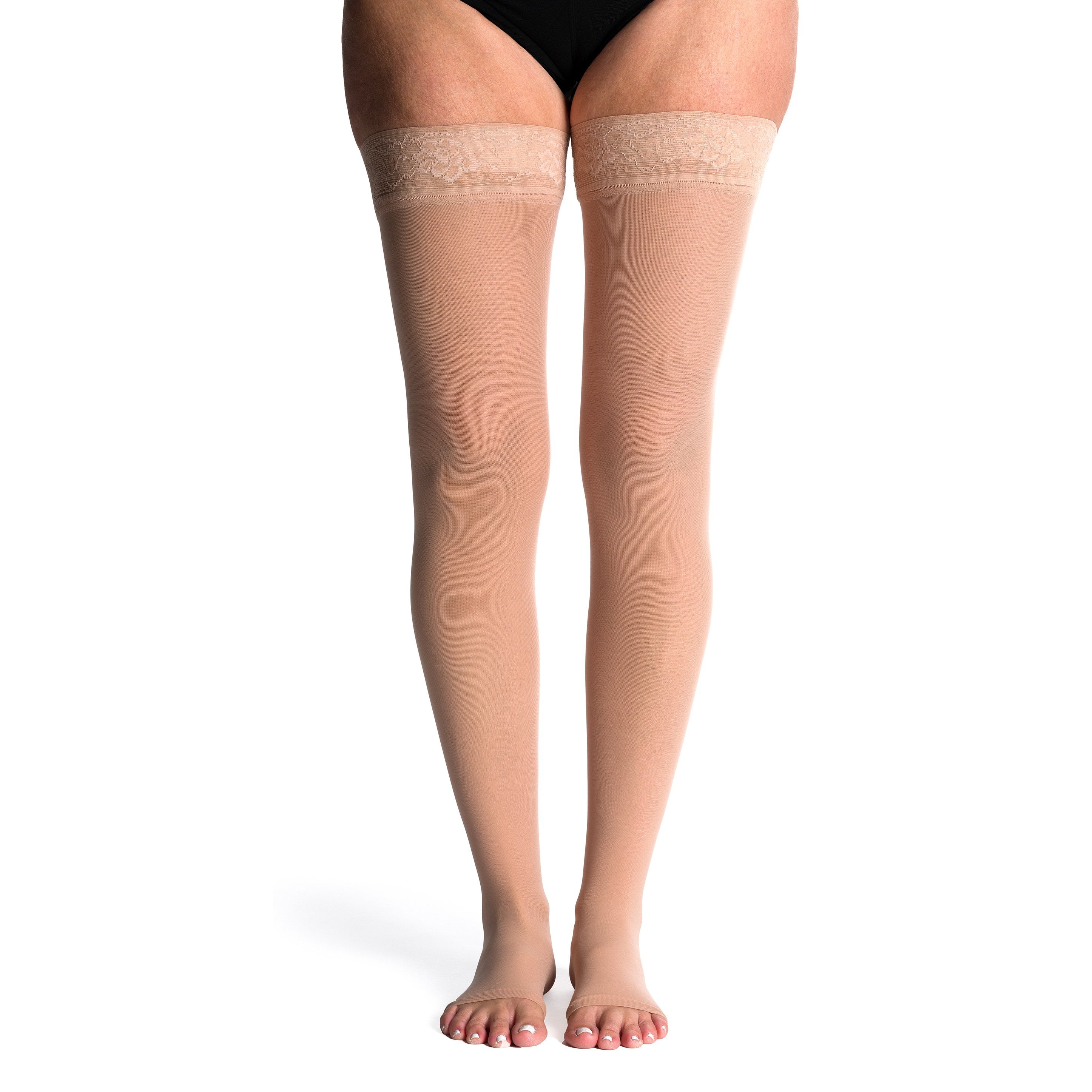 Sigvaris Sheer Thigh High with Grip-Top 15-20 mmHg Compression Stockings Open Toe – Toasted Almond