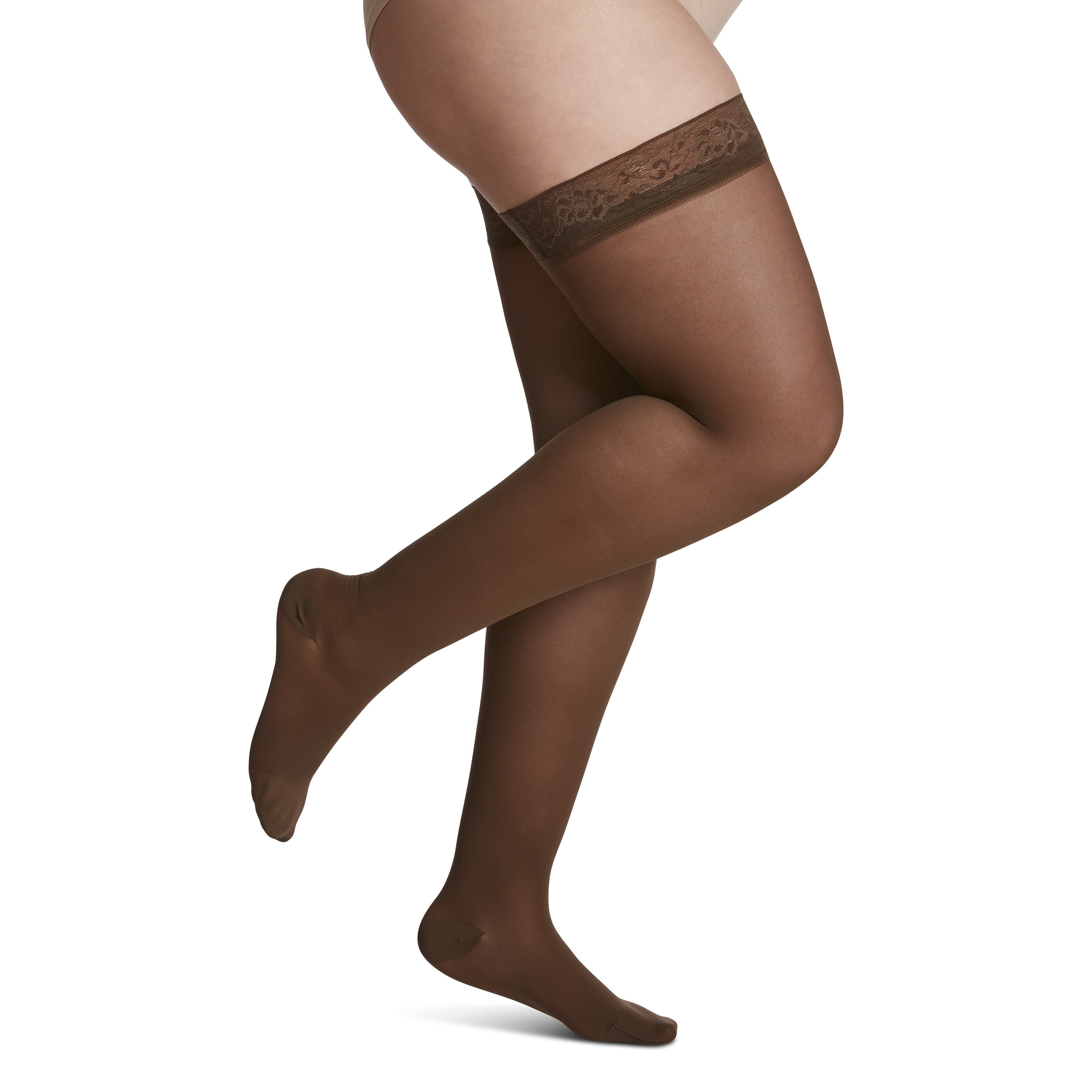 Sigvaris Sheer Women's Thigh High with Grip-Top 15-20 mmHg Compression Stockings – Mocha