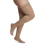 Sigvaris Soft Opaque Thigh High with Grip-Top 15-20 mmHg Compression Stockings Open Toe – Chai