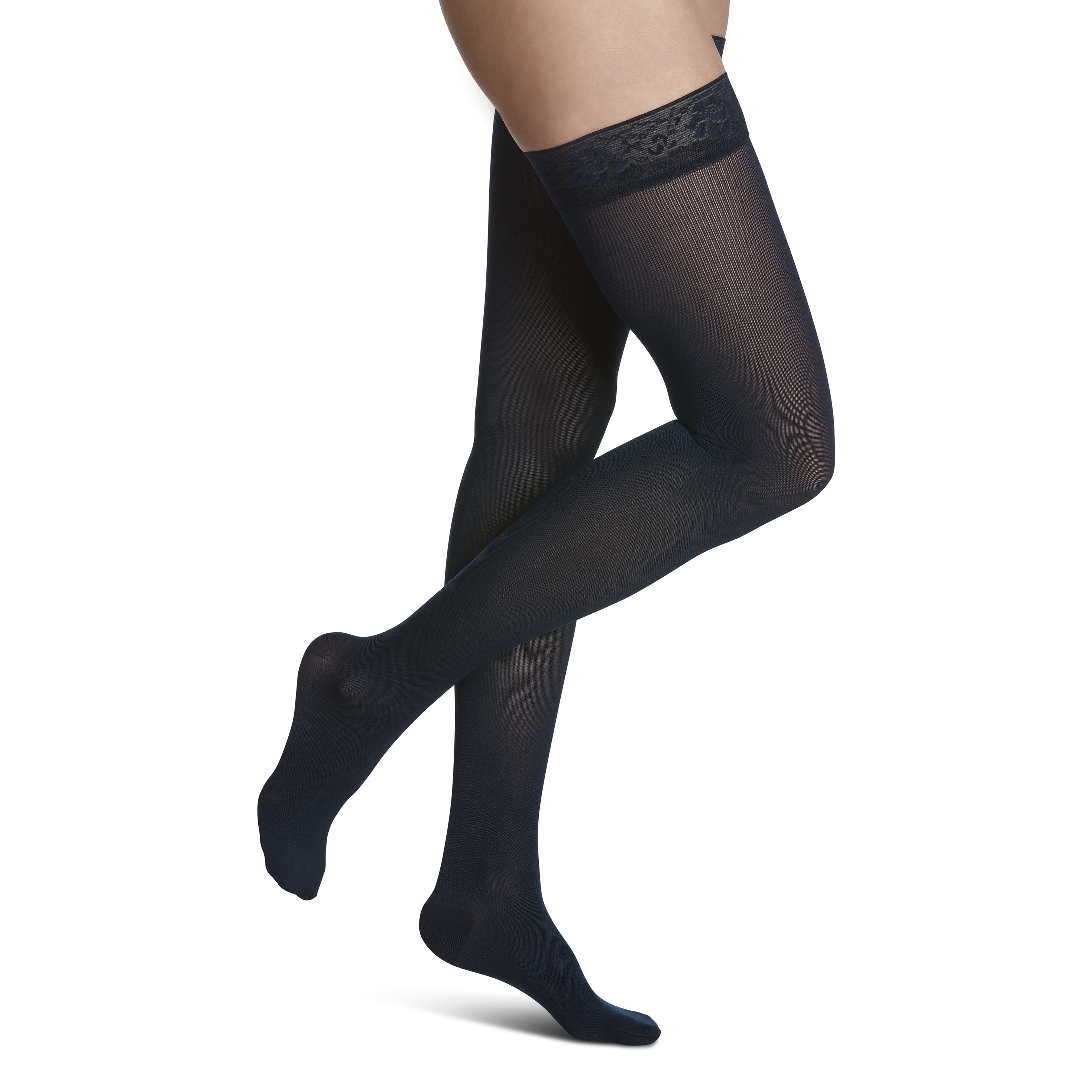 Sigvaris Soft Opaque Women's Thigh High with Grip-Top 15-20 mmHg Compression Stockings – Midnight Blue