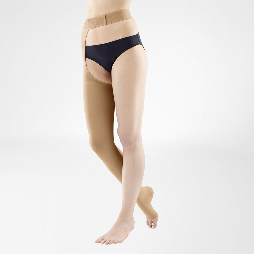 Bauerfeind VenoTrain Impuls Thigh High Waist Attachment 30-40 mmHg Compression Socks Open Toe – Caramel