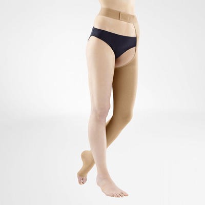 Bauerfeind VenoTrain Soft Thigh High Waist Attachment 20-30 mmHg Compression Socks Open Toe - Standard Colours – Caramel